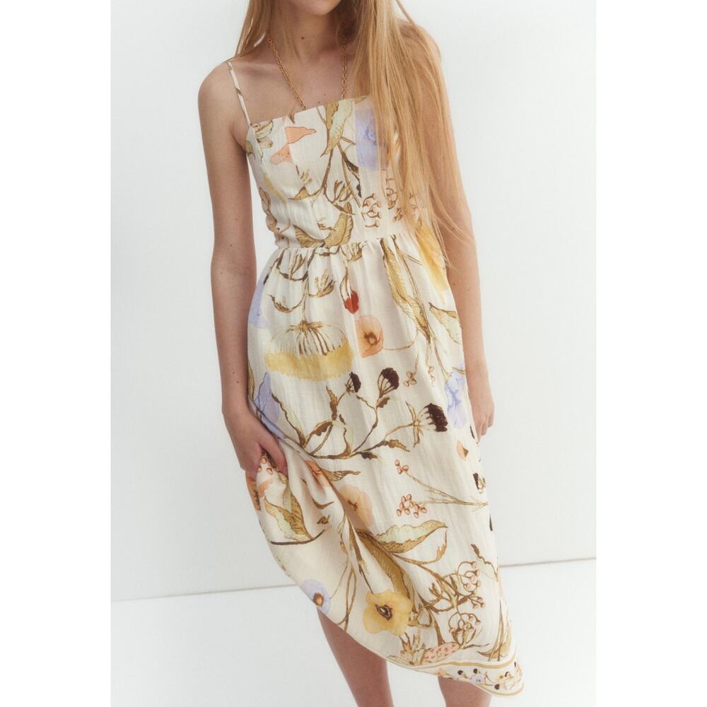 H&M Floral Smocked Midi Dress Cream Apricot Blue Strappy Square Neck Size M
